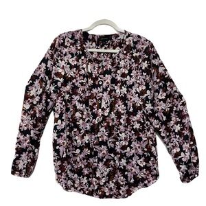 J. Jill Floral Pink Lavender Black Button Up Long Sleeve Blouse